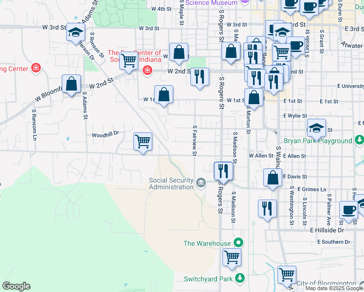 map of restaurants, bars, coffee shops, grocery stores, and more near 724 West Allen Street in Bloomington