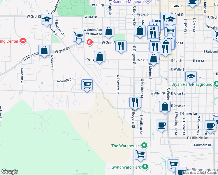 map of restaurants, bars, coffee shops, grocery stores, and more near 724 West Allen Street in Bloomington