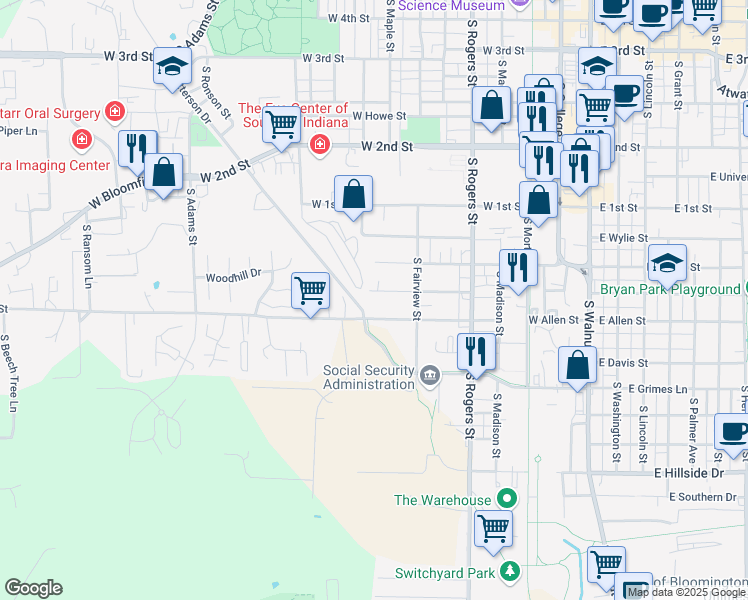 map of restaurants, bars, coffee shops, grocery stores, and more near 724 West Allen Street in Bloomington