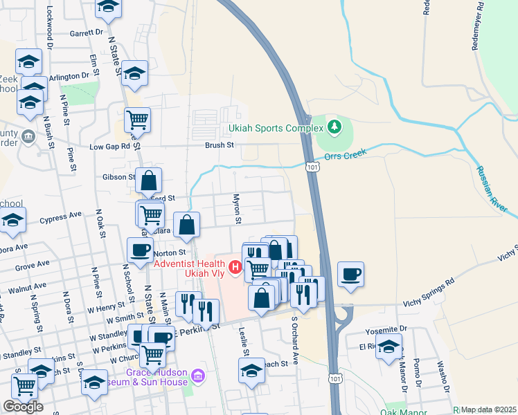 map of restaurants, bars, coffee shops, grocery stores, and more near 630 Sidnie Street in Ukiah