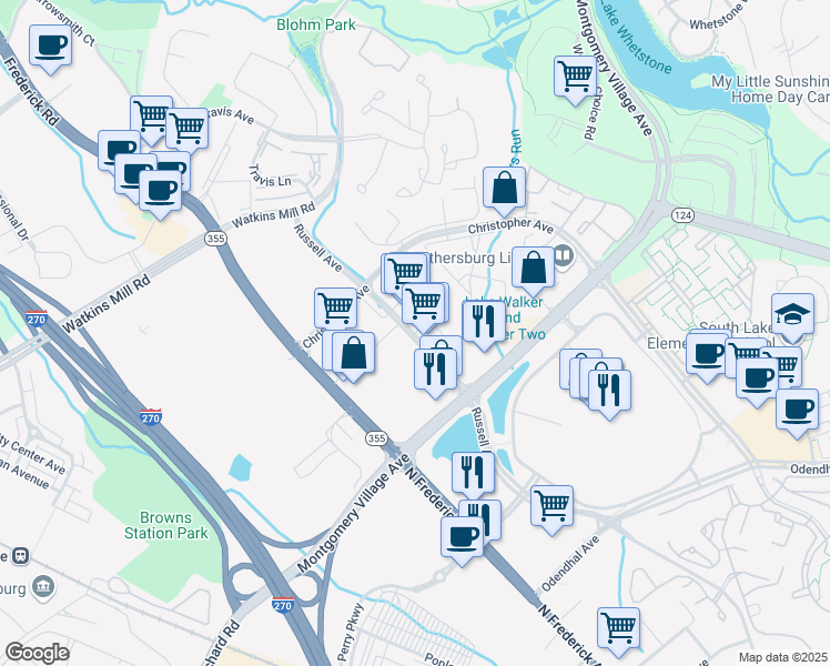 map of restaurants, bars, coffee shops, grocery stores, and more near 855 Russell Avenue in Gaithersburg