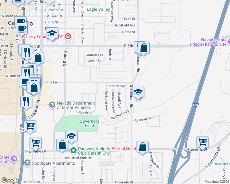 map of restaurants, bars, coffee shops, grocery stores, and more near 1146 Jewell Avenue in Carson City