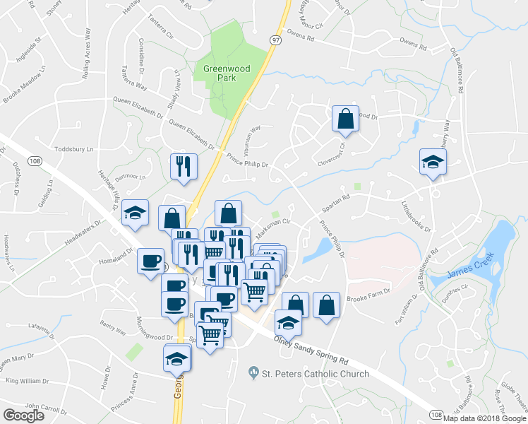 map of restaurants, bars, coffee shops, grocery stores, and more near 3011 Paladin Terrace in Olney