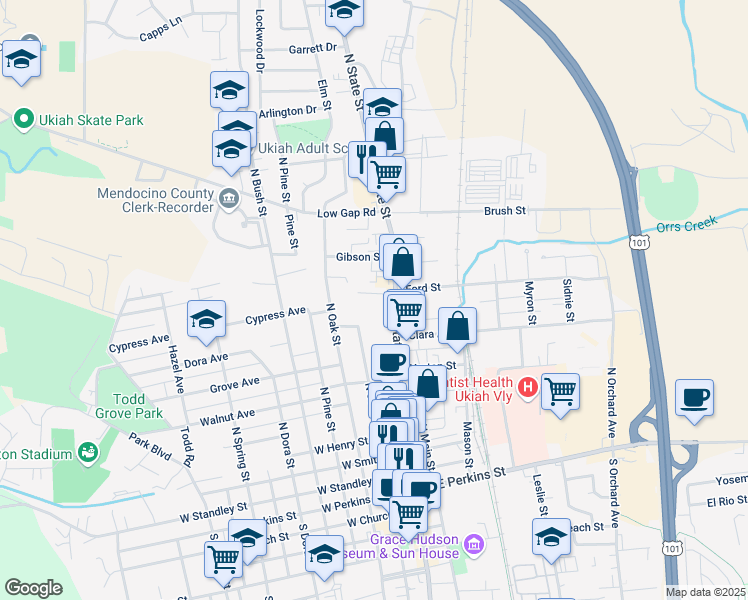 map of restaurants, bars, coffee shops, grocery stores, and more near 825 North Oak Street in Ukiah