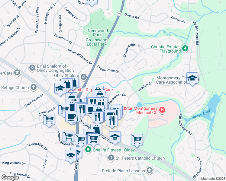 map of restaurants, bars, coffee shops, grocery stores, and more near 3011 Paladin Terrace in Olney