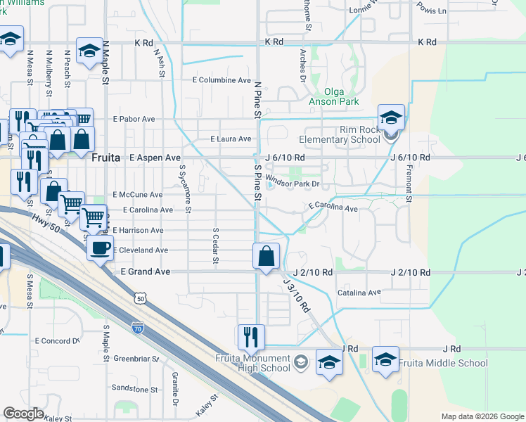 map of restaurants, bars, coffee shops, grocery stores, and more near 311 South Pine Street in Fruita