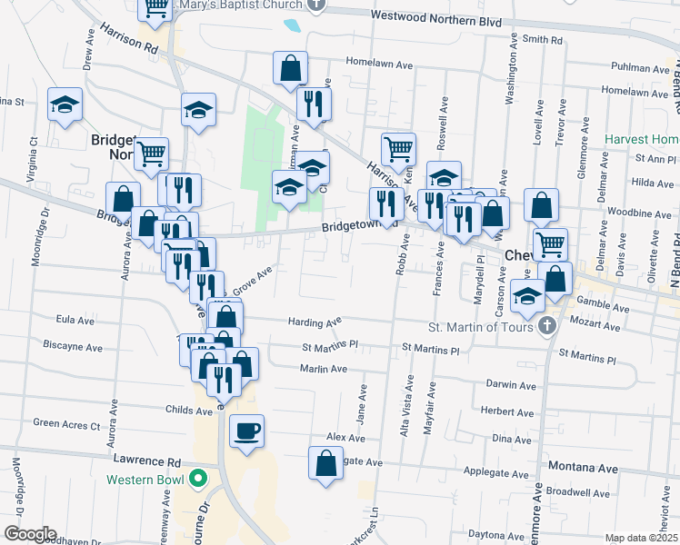 map of restaurants, bars, coffee shops, grocery stores, and more near 4316 Brookdale Drive in Cincinnati