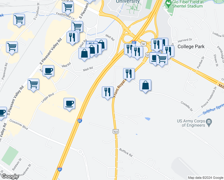 map of restaurants, bars, coffee shops, grocery stores, and more near 121 Garber Lane in Winchester