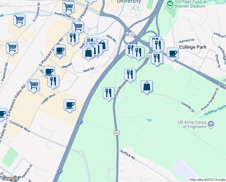 map of restaurants, bars, coffee shops, grocery stores, and more near 121 Garber Lane in Winchester