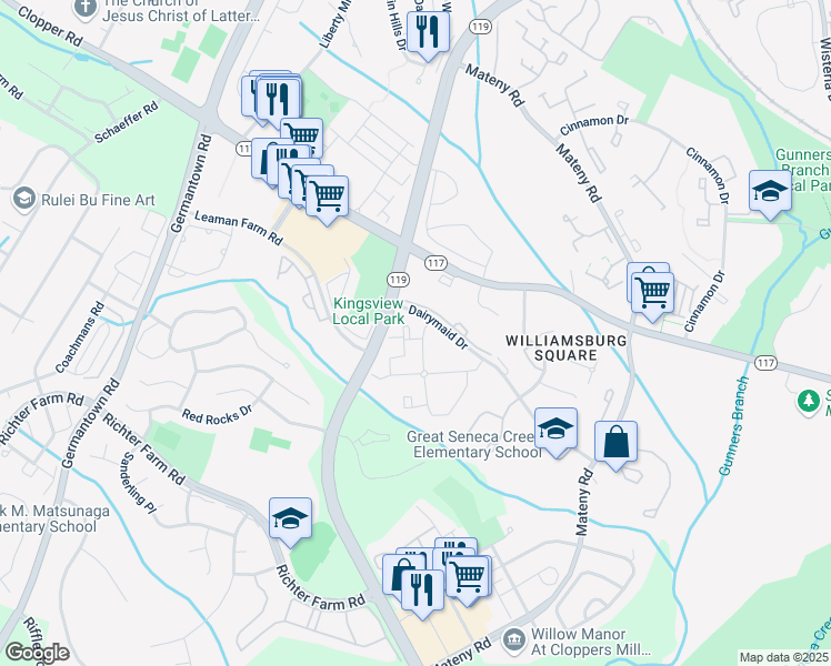 map of restaurants, bars, coffee shops, grocery stores, and more near 18229 Swiss Circle in Germantown