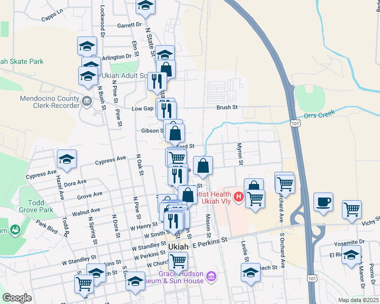 map of restaurants, bars, coffee shops, grocery stores, and more near 131 Ford Street in Ukiah