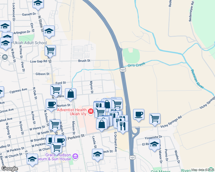 map of restaurants, bars, coffee shops, grocery stores, and more near 604 North Orchard Avenue in Ukiah