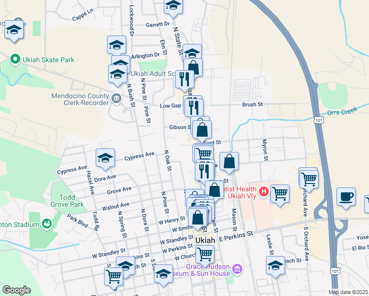 map of restaurants, bars, coffee shops, grocery stores, and more near 825 North Oak Street in Ukiah