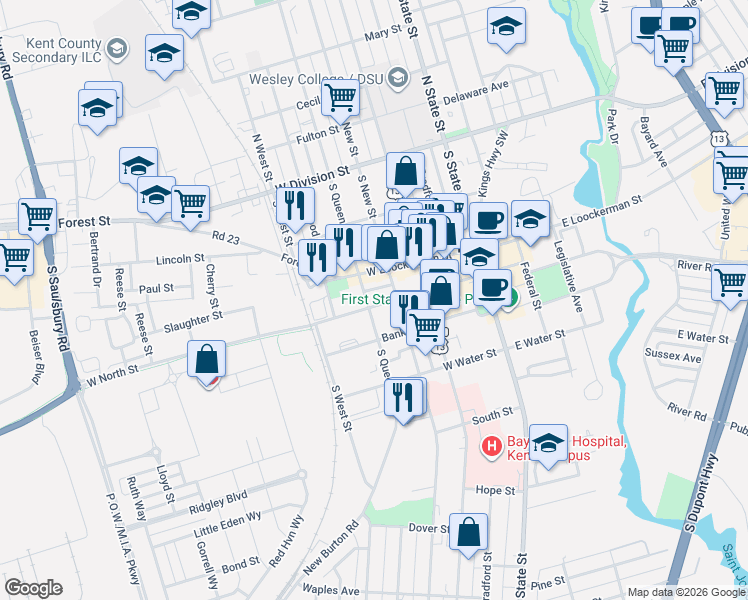 map of restaurants, bars, coffee shops, grocery stores, and more near 450 West North Street in Dover