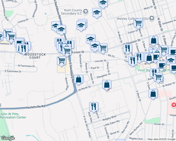 map of restaurants, bars, coffee shops, grocery stores, and more near 142 Reese Street in Dover