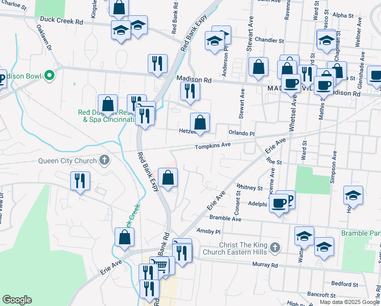 map of restaurants, bars, coffee shops, grocery stores, and more near 5343 Tompkins Avenue in Cincinnati