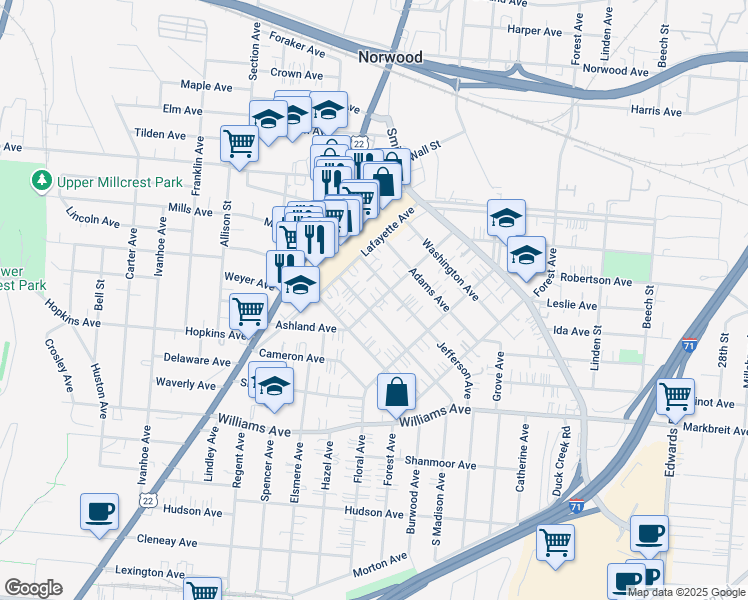 map of restaurants, bars, coffee shops, grocery stores, and more near 4336 Ashland Avenue in Cincinnati