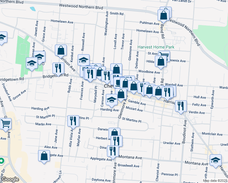 map of restaurants, bars, coffee shops, grocery stores, and more near 3723 Lovell Avenue in Cincinnati