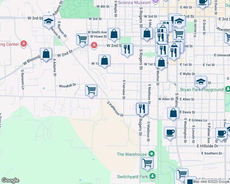 map of restaurants, bars, coffee shops, grocery stores, and more near 724 West Allen Street in Bloomington