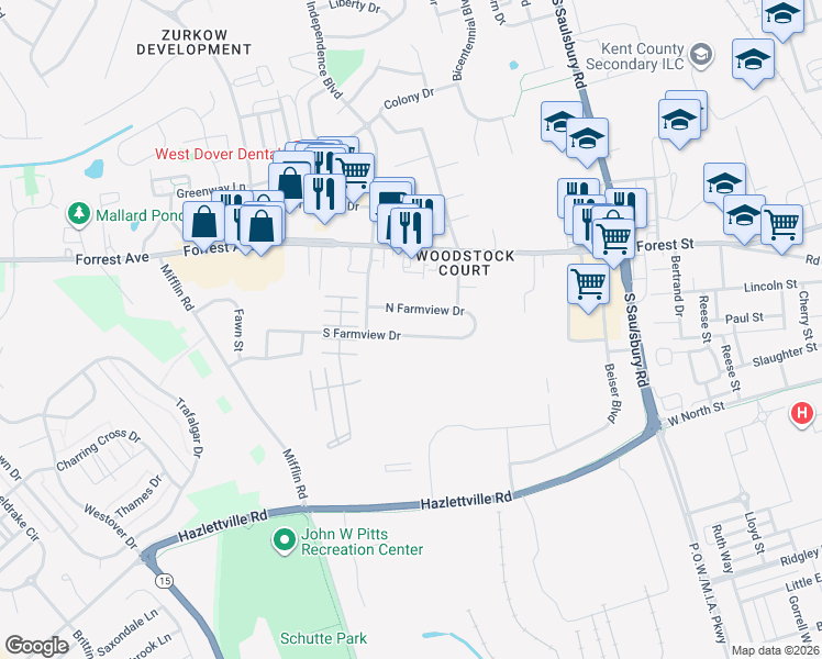 map of restaurants, bars, coffee shops, grocery stores, and more near 1243 South Farmview Drive in Dover