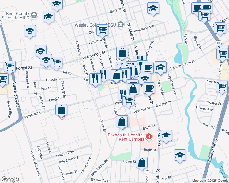 map of restaurants, bars, coffee shops, grocery stores, and more near 300 South New Street in Dover