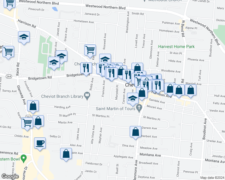map of restaurants, bars, coffee shops, grocery stores, and more near 3756 Wilmar Drive in Cincinnati