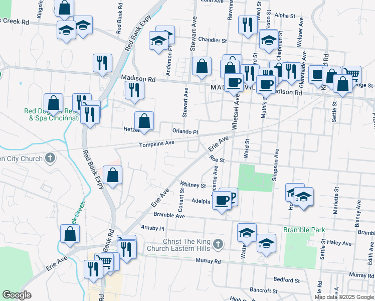 map of restaurants, bars, coffee shops, grocery stores, and more near 4605 Vendome Place in Cincinnati