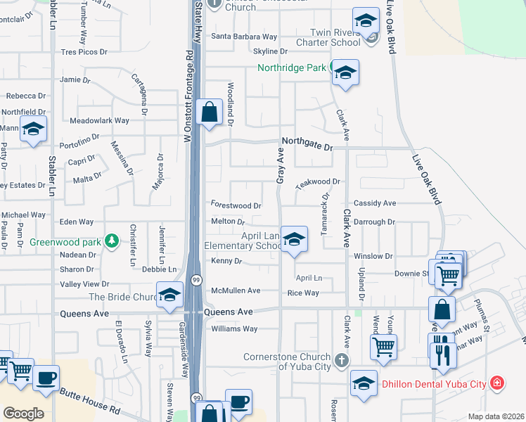 map of restaurants, bars, coffee shops, grocery stores, and more near 1111 Melton Drive in Yuba City