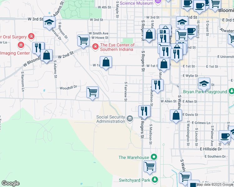 map of restaurants, bars, coffee shops, grocery stores, and more near 724 West Allen Street in Bloomington