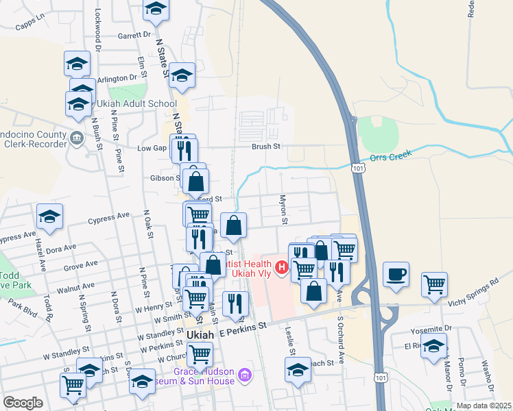 map of restaurants, bars, coffee shops, grocery stores, and more near 626 Joseph Street in Ukiah