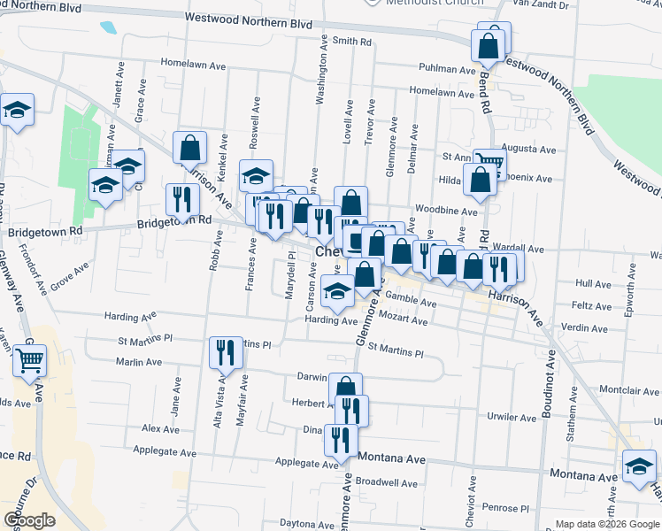 map of restaurants, bars, coffee shops, grocery stores, and more near 3723 Lovell Avenue in Cincinnati