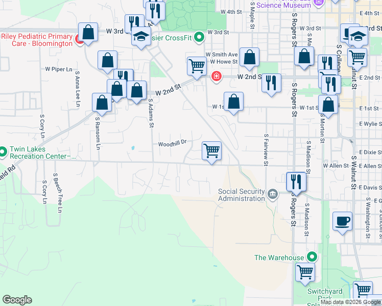 map of restaurants, bars, coffee shops, grocery stores, and more near 1213 West Green Tree Lane in Bloomington