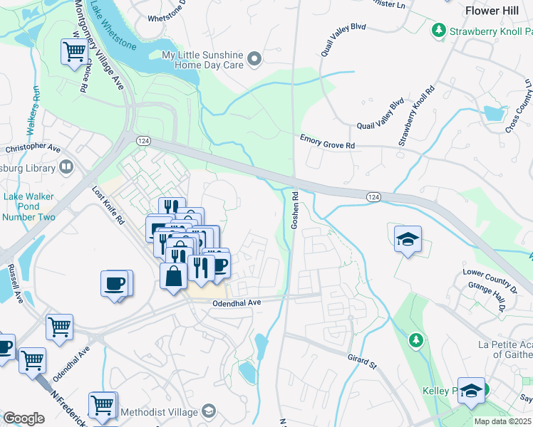 map of restaurants, bars, coffee shops, grocery stores, and more near 9326 Willow Creek Drive in Montgomery Village