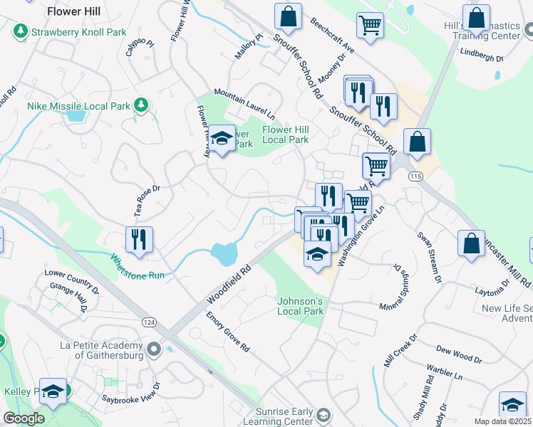 map of restaurants, bars, coffee shops, grocery stores, and more near 18336 Streamside Drive in Gaithersburg
