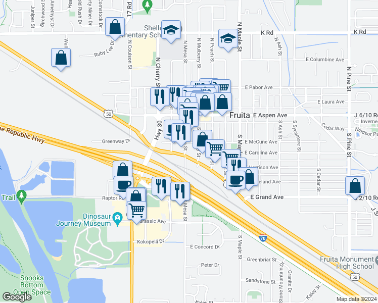 map of restaurants, bars, coffee shops, grocery stores, and more near 103 Highway 6 And 50 in Fruita