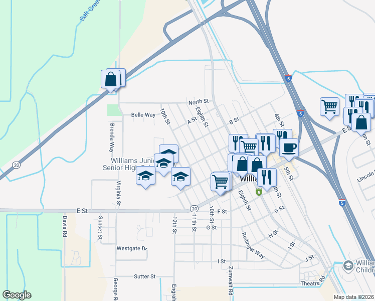 map of restaurants, bars, coffee shops, grocery stores, and more near 260 10th Street in Williams