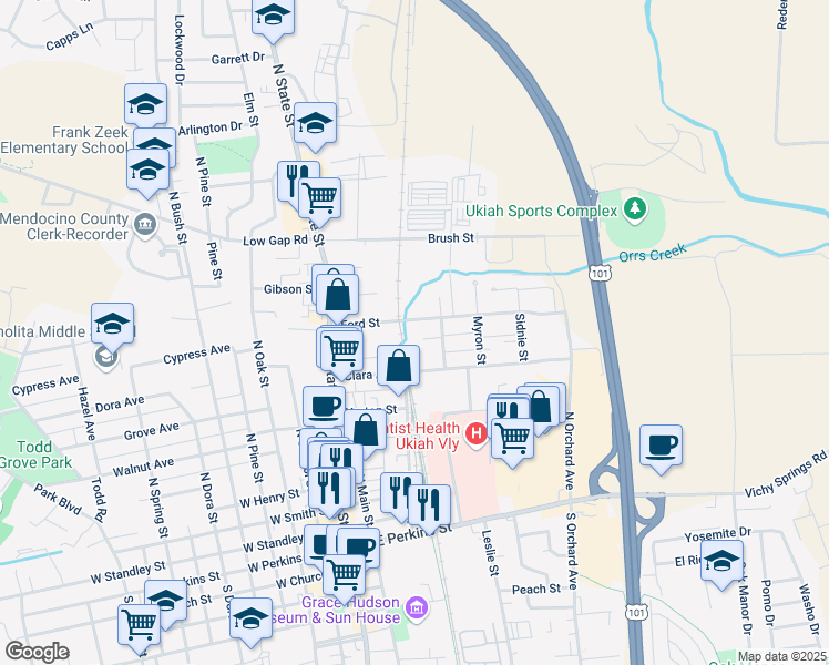 map of restaurants, bars, coffee shops, grocery stores, and more near 200 Clara Avenue in Ukiah