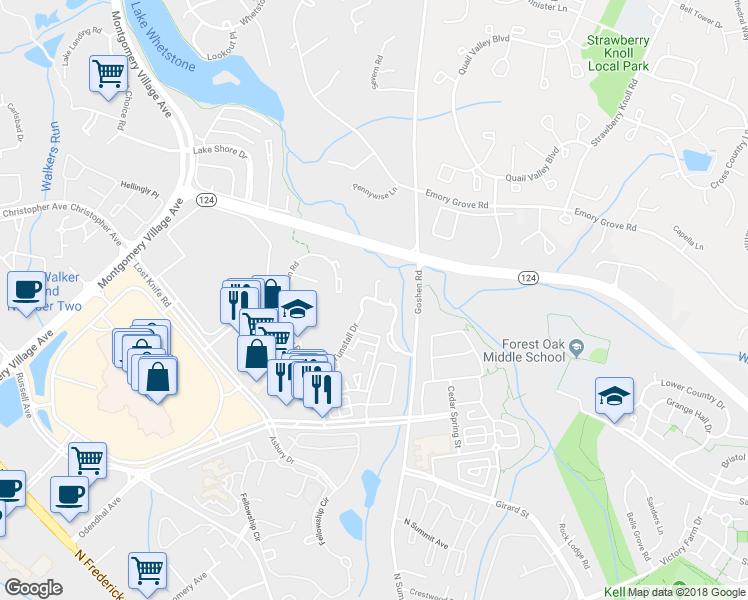 map of restaurants, bars, coffee shops, grocery stores, and more near 9308 Willow Creek Drive in Montgomery Village