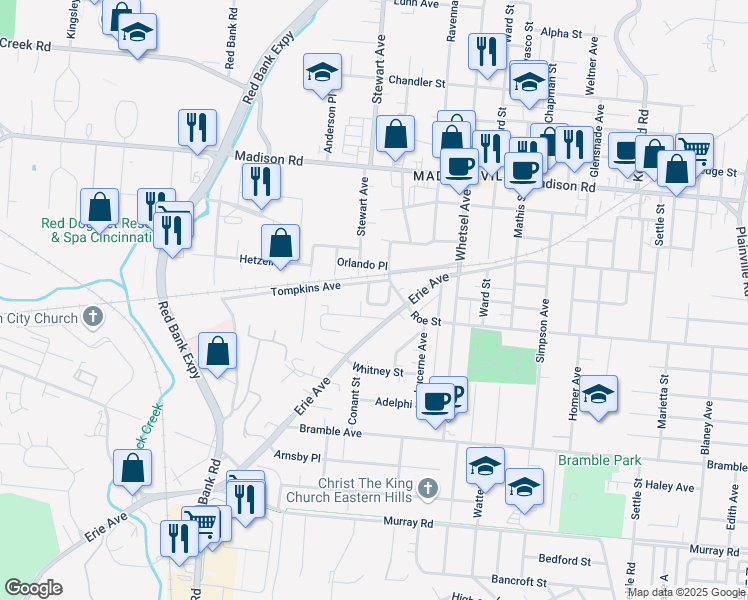 map of restaurants, bars, coffee shops, grocery stores, and more near 5550 Dunning Place in Cincinnati