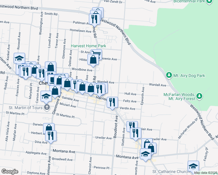 map of restaurants, bars, coffee shops, grocery stores, and more near 3814 Meyerfeld Avenue in Cincinnati