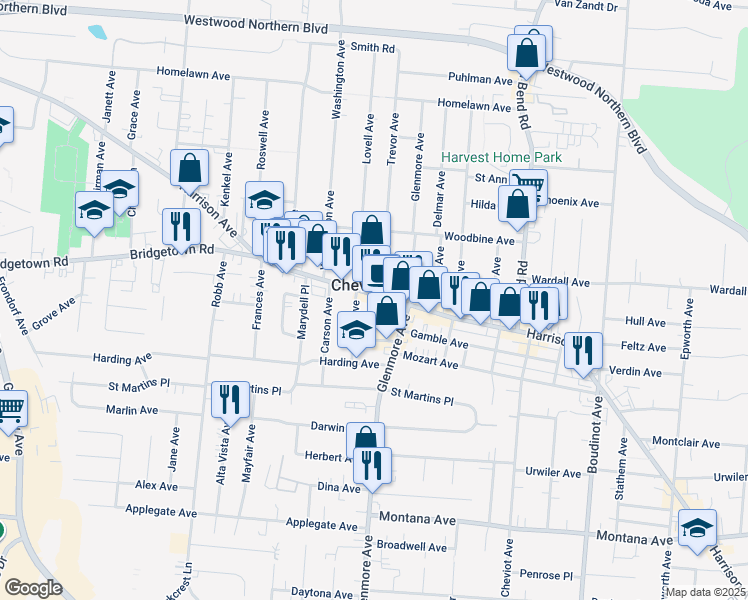 map of restaurants, bars, coffee shops, grocery stores, and more near 3709 Harrison Avenue in Cincinnati