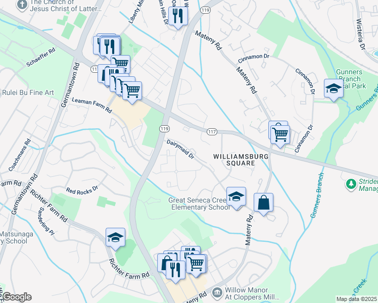 map of restaurants, bars, coffee shops, grocery stores, and more near 13145 Dairymaid Drive in Germantown