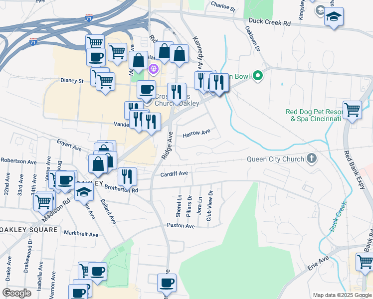 map of restaurants, bars, coffee shops, grocery stores, and more near 3515 Brookstone Drive in Cincinnati