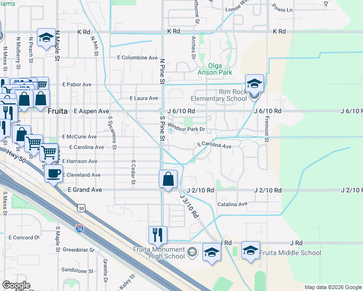 map of restaurants, bars, coffee shops, grocery stores, and more near 1143 East Carolina Avenue in Fruita