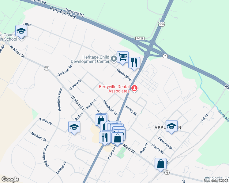 map of restaurants, bars, coffee shops, grocery stores, and more near 216 Walnut Street in Berryville
