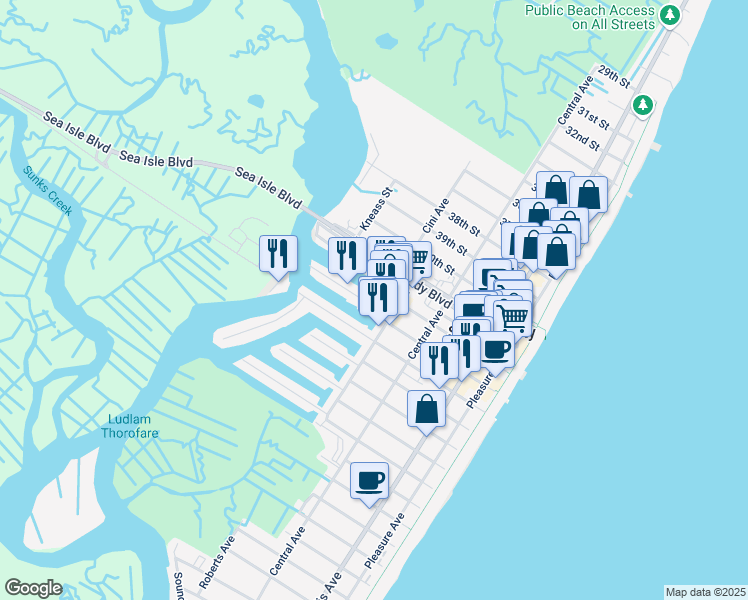 map of restaurants, bars, coffee shops, grocery stores, and more near 319 44th Street in Sea Isle City
