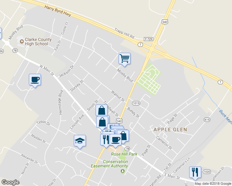 map of restaurants, bars, coffee shops, grocery stores, and more near 216 Walnut Street in Berryville
