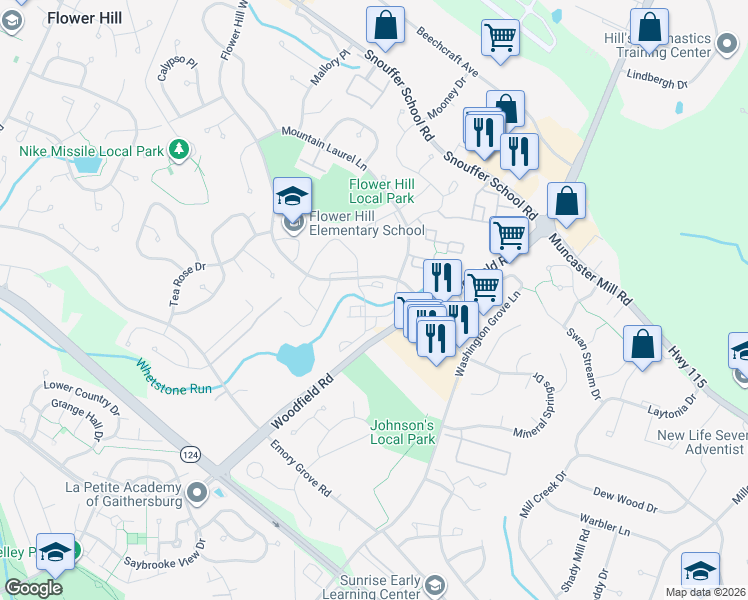 map of restaurants, bars, coffee shops, grocery stores, and more near 8205 Whispering Oaks Way in Gaithersburg