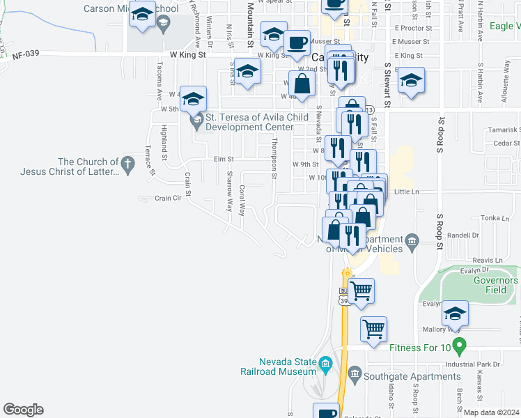 map of restaurants, bars, coffee shops, grocery stores, and more near 1070 Thompson Street in Carson City