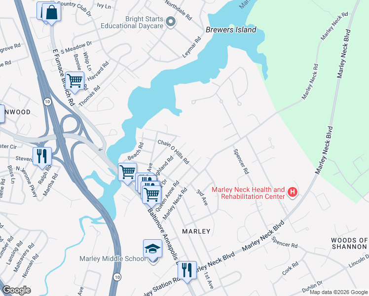 map of restaurants, bars, coffee shops, grocery stores, and more near 206 Highland Road in Glen Burnie